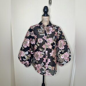 Boston Proper Organza Foil Burnout Floral Balloon Sleeve Sheer Blouse M